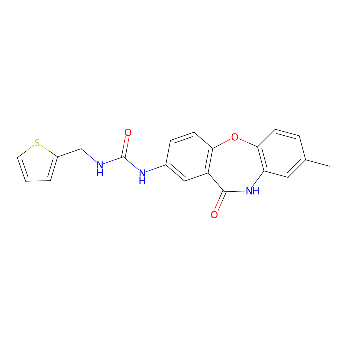 1-{6-Methyl-10-oxo-2-oxa-9-azatricyclo[9.4.0.0^{3,8}]pentadeca-1(11),3(8),4,6,12,14-hexaen-13-yl}-3-[(thiophen-2-yl)methyl]urea molecular structure, CAS 1203352-86-6