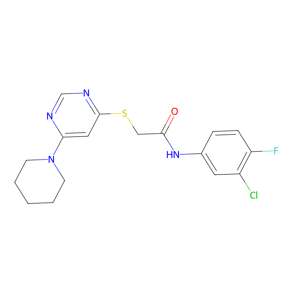 N-(3-chloro-4-fluorophenyl)-2-((6-(piperidin-1-yl)pyrimidin-4-yl)thio)acetamide molecular structure, CAS 1203354-38-4