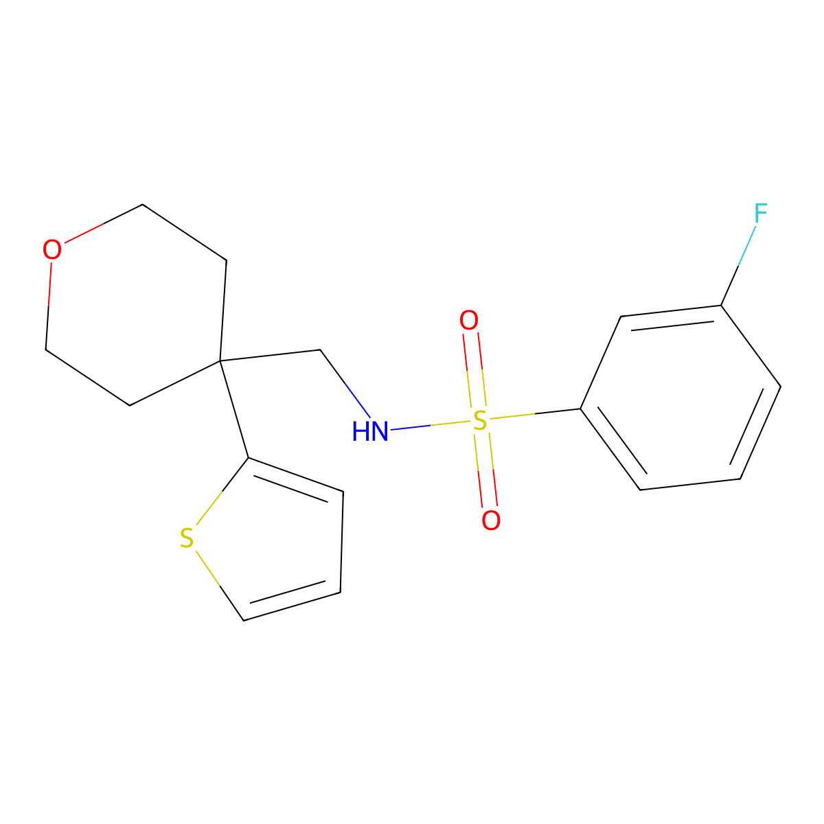 3-fluoro-N-((4-(thiophen-2-yl)tetrahydro-2H-pyran-4-yl)methyl)benzenesulfonamide molecular structure, CAS 1203354-56-6