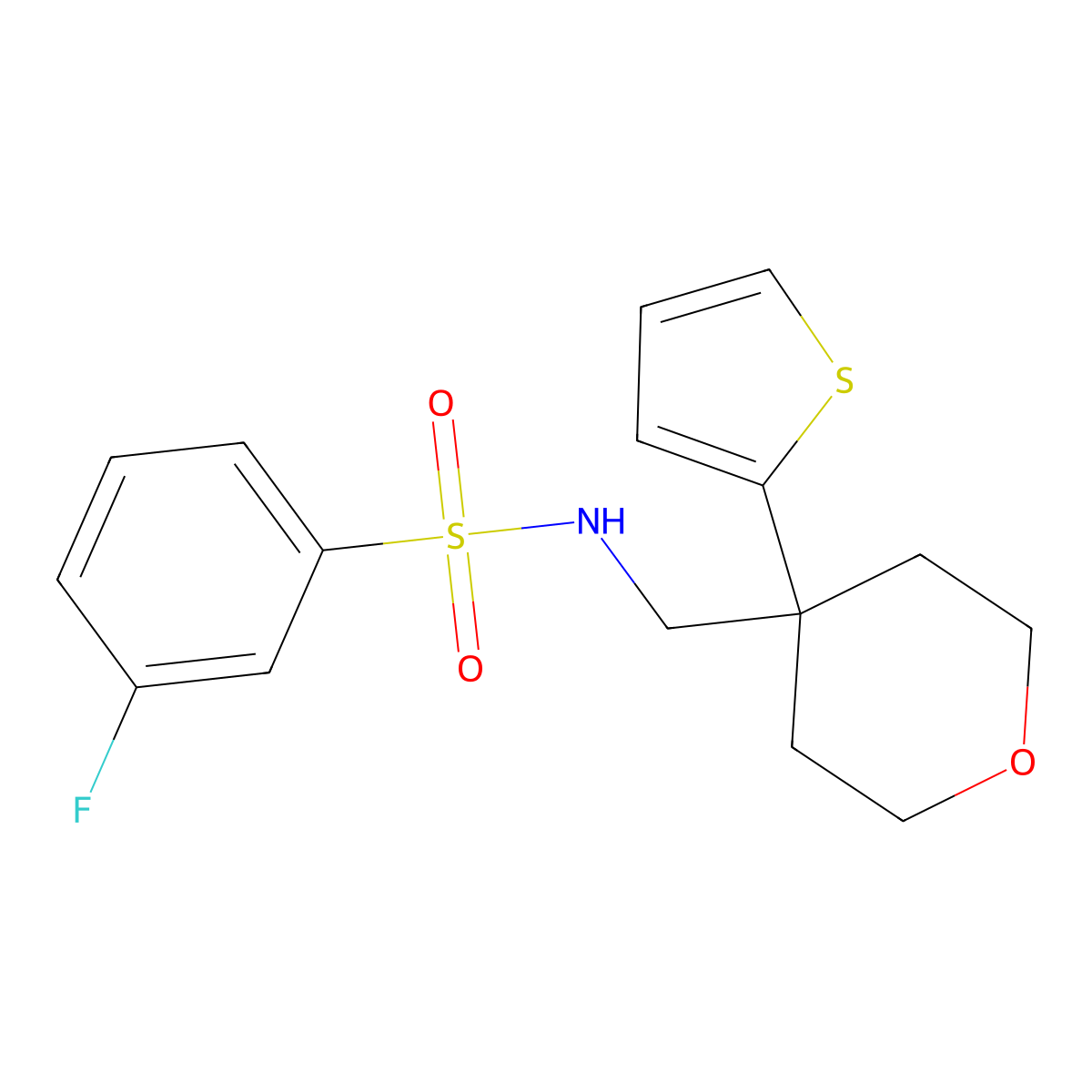 3-fluoro-N-((4-(thiophen-2-yl)tetrahydro-2H-pyran-4-yl)methyl)benzenesulfonamide molecular structure, CAS 1203354-56-6