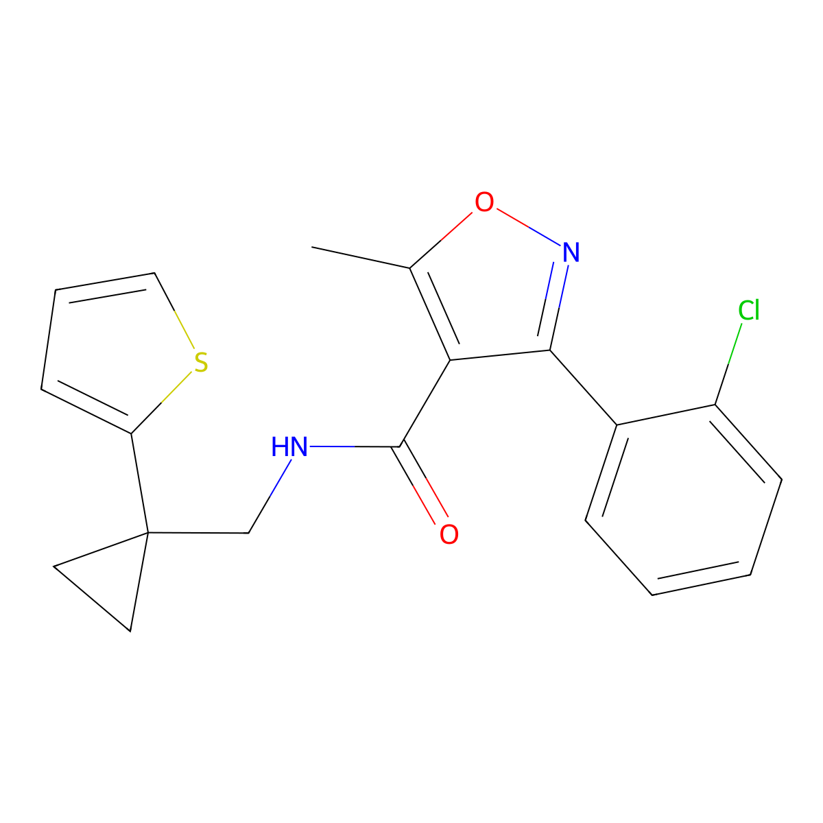 3-(2-chlorophenyl)-5-methyl-N-((1-(thiophen-2-yl)cyclopropyl)methyl)isoxazole-4-carboxamide molecular structure, CAS 1203354-95-3