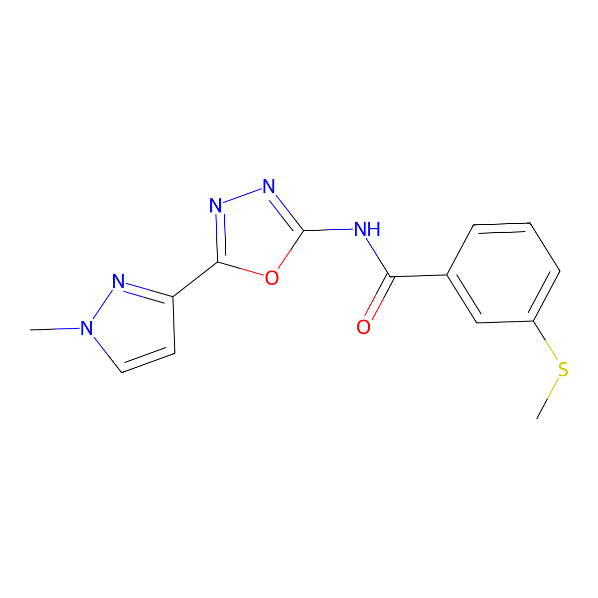 N-(5-(1-methyl-1H-pyrazol-3-yl)-1,3,4-oxadiazol-2-yl)-3-(methylthio)benzamide molecular structure, CAS 1203356-12-0