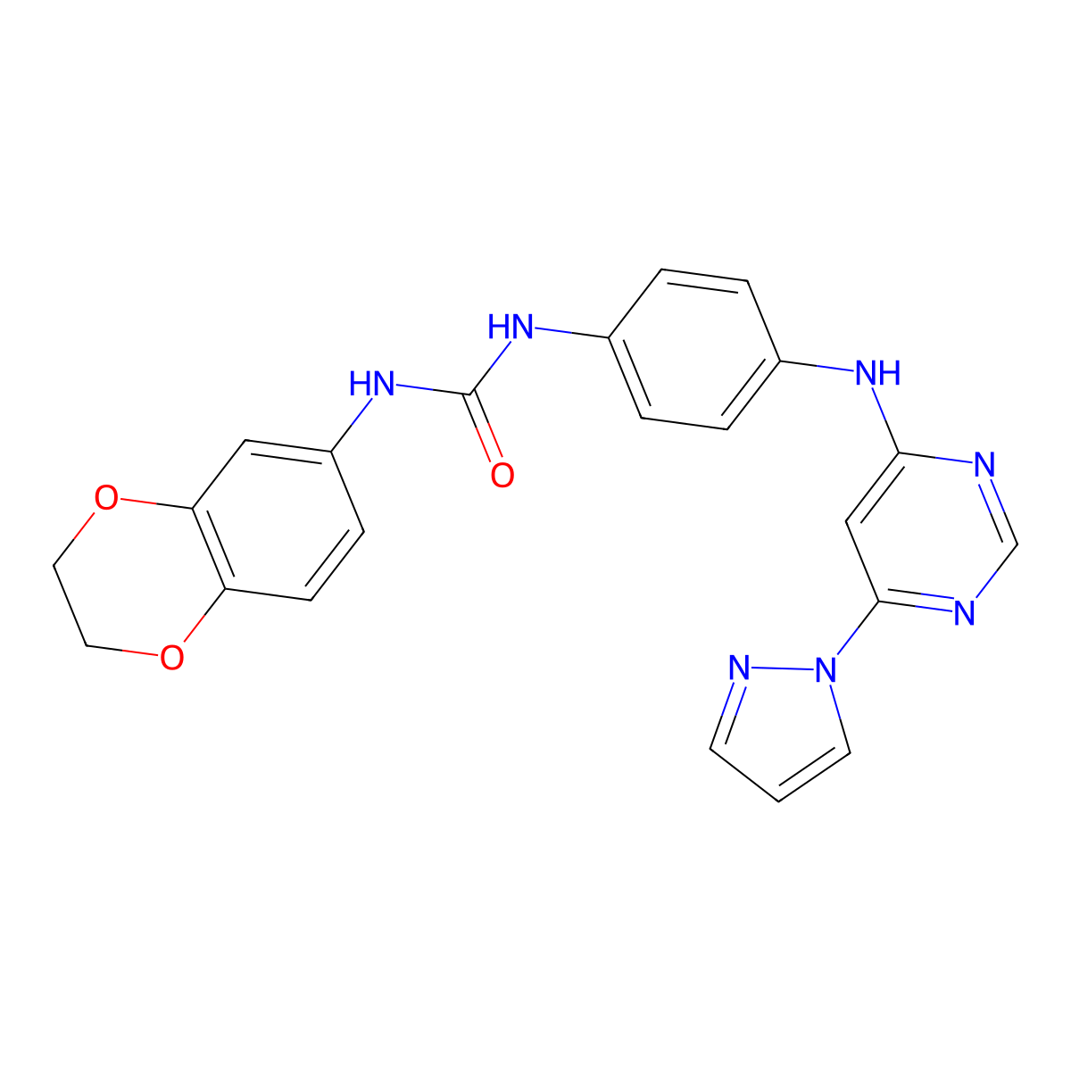 1-(4-((6-(1H-pyrazol-1-yl)pyrimidin-4-yl)amino)phenyl)-3-(2,3-dihydrobenzo[b][1,4]dioxin-6-yl)urea molecular structure, CAS 1203359-84-5