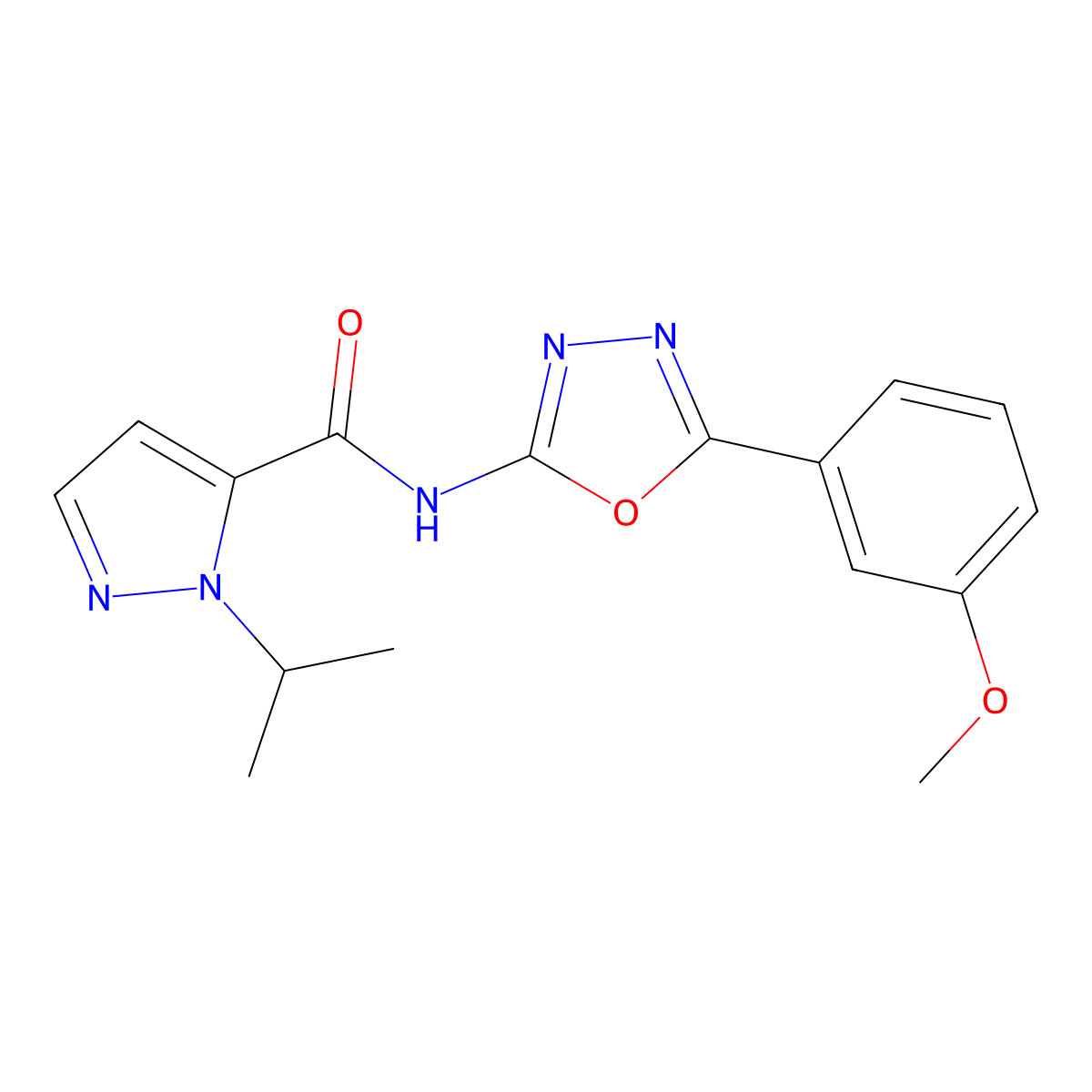 1-isopropyl-N-(5-(3-methoxyphenyl)-1,3,4-oxadiazol-2-yl)-1H-pyrazole-5-carboxamide molecular structure, CAS 1203360-13-7