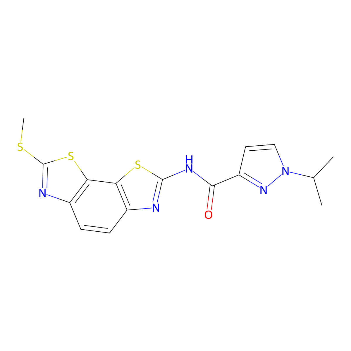 N-[11-(methylsulfanyl)-3,12-dithia-5,10-diazatricyclo[7.3.0.0^{2,6}]dodeca-1(9),2(6),4,7,10-pentaen-4-yl]-1-(propan-2-yl)-1H-pyrazole-3-carboxamide molecular structure, CAS 1203360-49-9