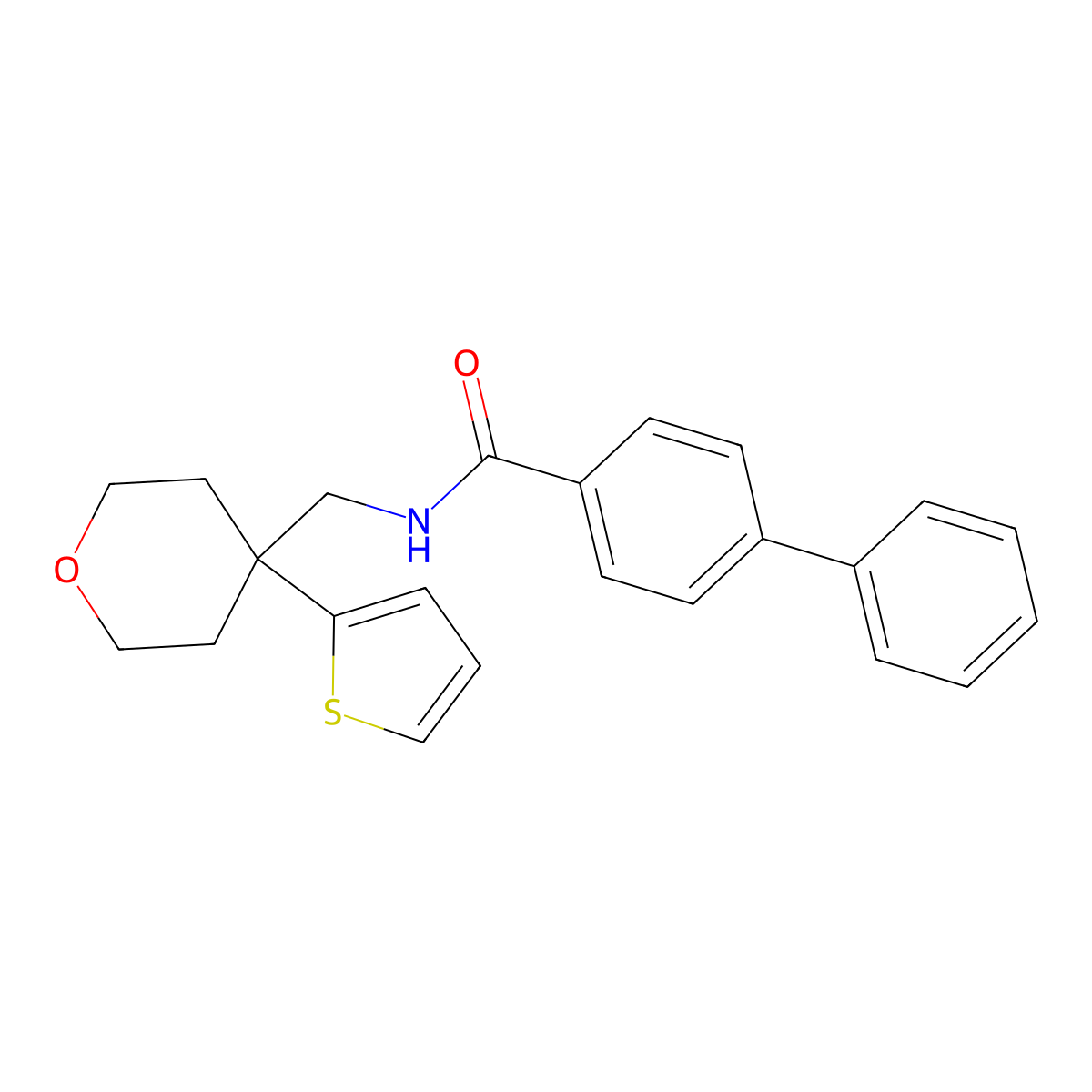 N-((4-(thiophen-2-yl)tetrahydro-2H-pyran-4-yl)methyl)-[1,1'-biphenyl]-4-carboxamide molecular structure, CAS 1203361-25-4