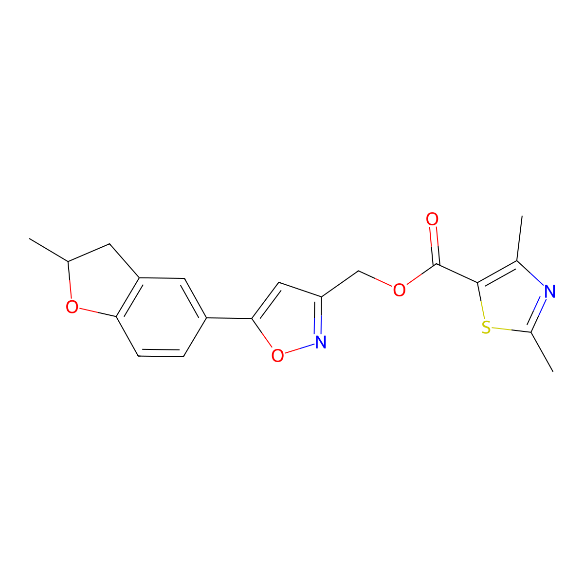 (5-(2-Methyl-2,3-dihydrobenzofuran-5-yl)isoxazol-3-yl)methyl 2,4-dimethylthiazole-5-carboxylate molecular structure, CAS 1203361-34-5