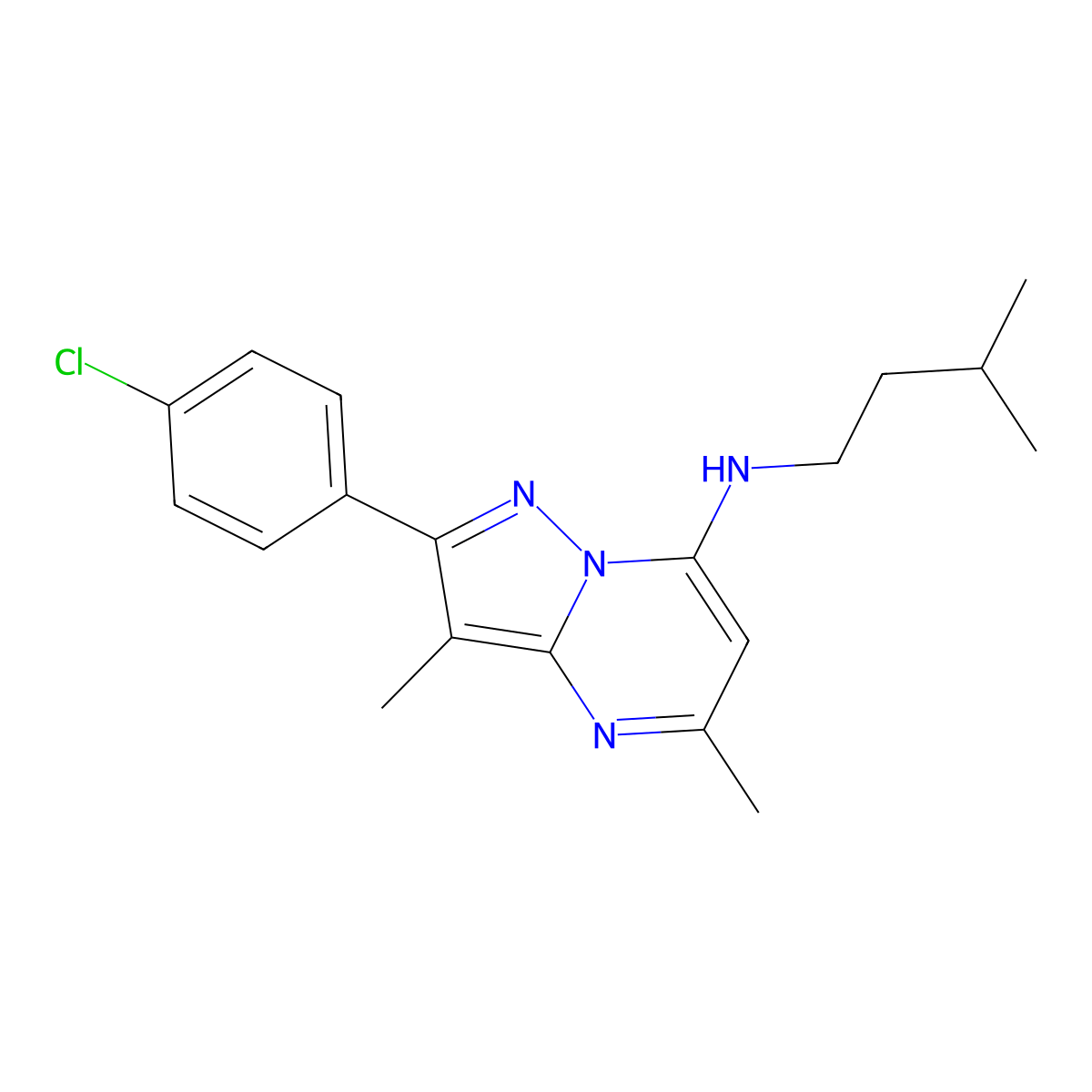 2-(4-chlorophenyl)-3,5-dimethyl-N-(3-methylbutyl)pyrazolo[1,5-a]pyrimidin-7-amine molecular structure, CAS 1203362-55-3
