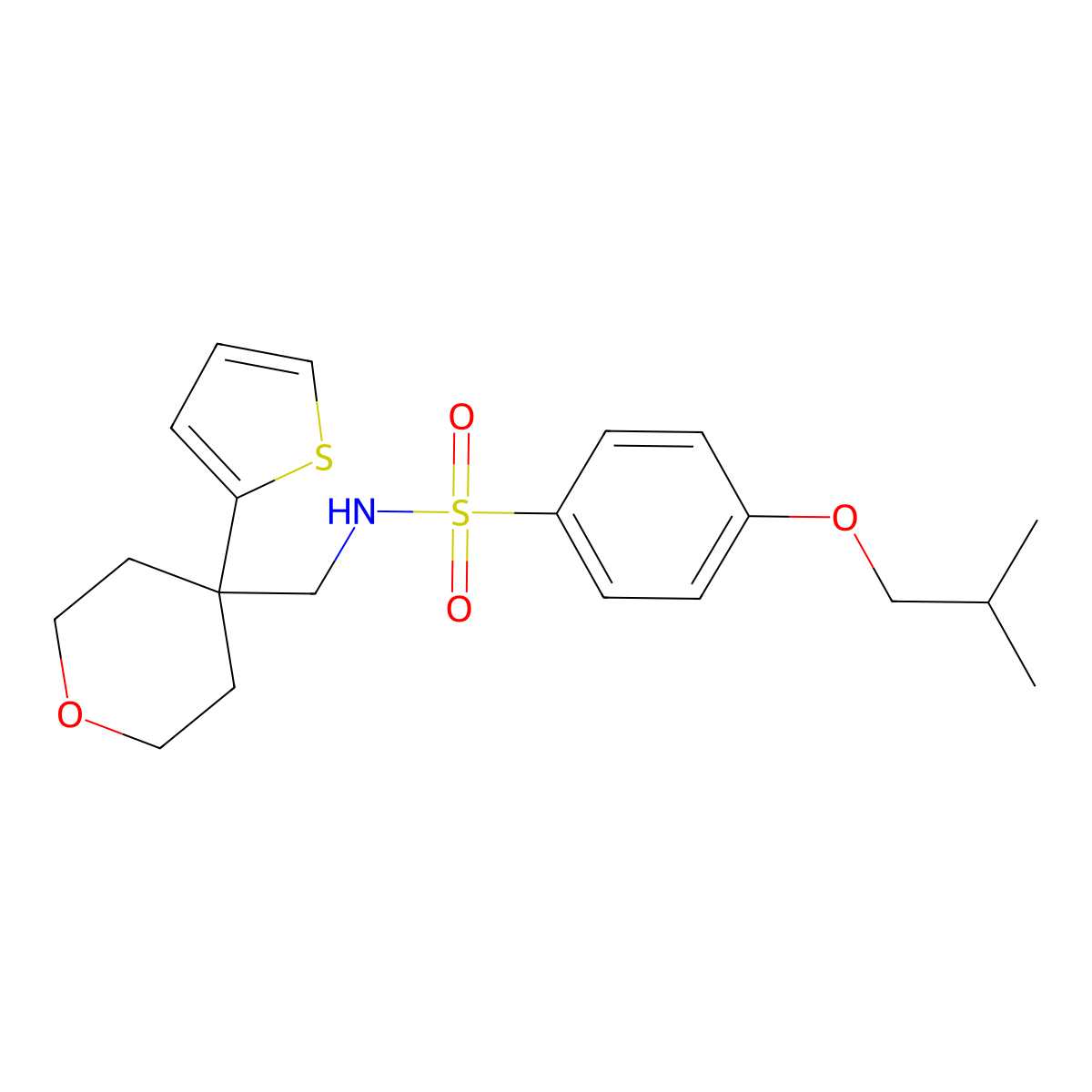 4-isobutoxy-N-((4-(thiophen-2-yl)tetrahydro-2H-pyran-4-yl)methyl)benzenesulfonamide molecular structure, CAS 1203362-67-7