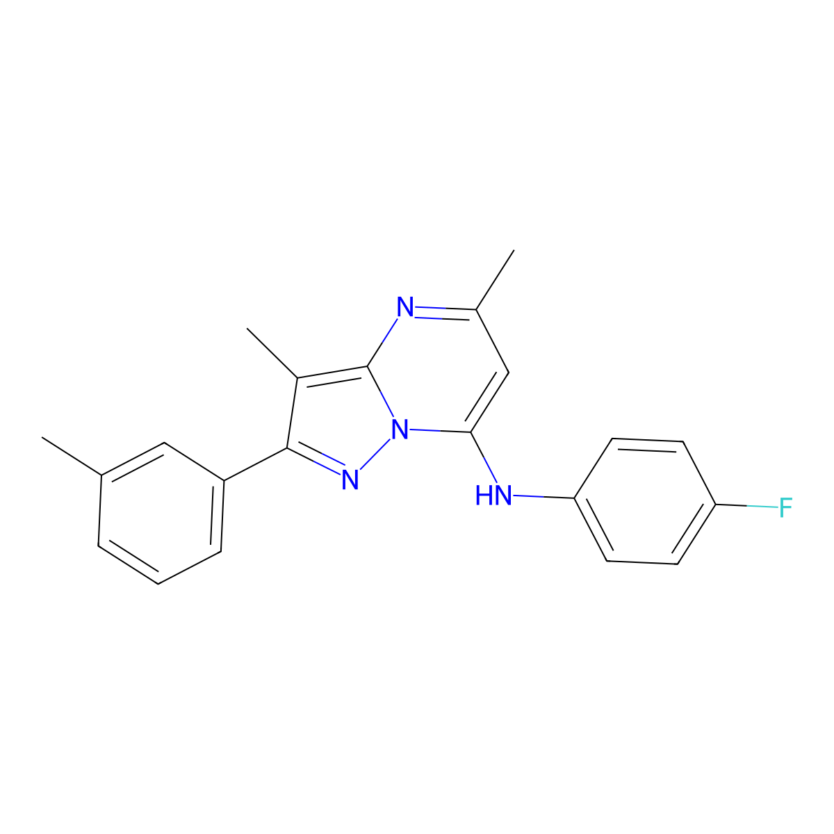 N-(4-fluorophenyl)-3,5-dimethyl-2-(3-methylphenyl)pyrazolo[1,5-a]pyrimidin-7-amine molecular structure, CAS 1203363-96-5