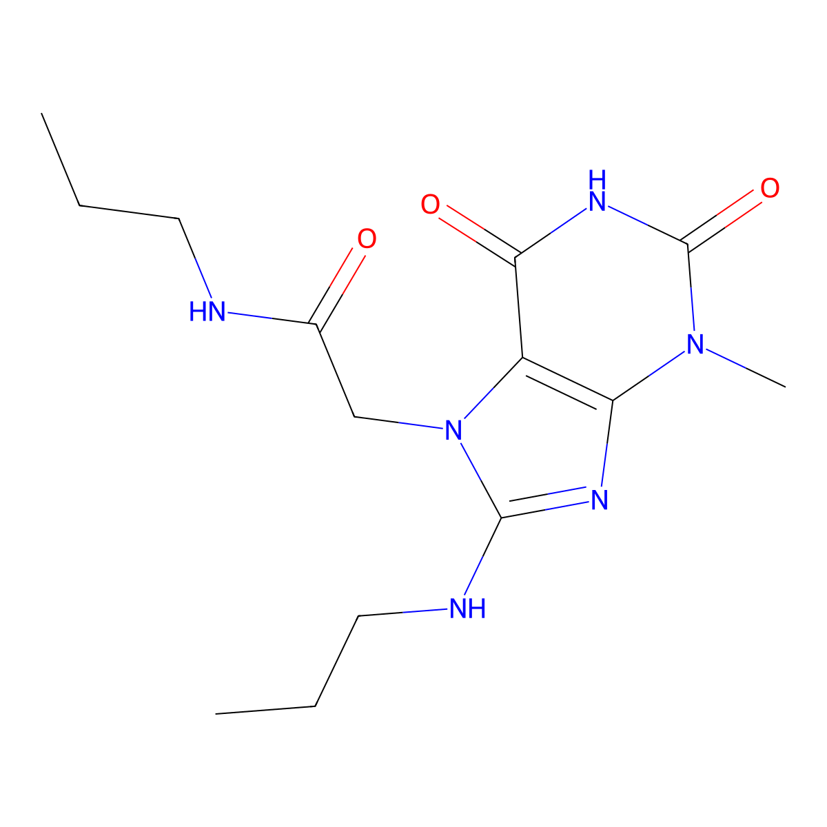 2-(3-methyl-2,6-dioxo-8-(propylamino)-2,3-dihydro-1H-purin-7(6H)-yl)-N-propylacetamide molecular structure, CAS 1203365-40-5