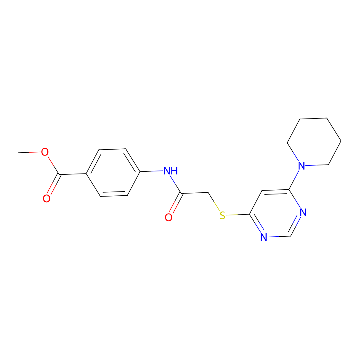 Methyl 4-(2-((6-(piperidin-1-yl)pyrimidin-4-yl)thio)acetamido)benzoate molecular structure, CAS 1203365-59-6