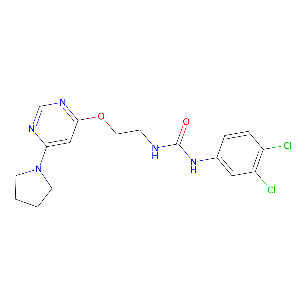 1-(3,4-Dichlorophenyl)-3-(2-((6-(pyrrolidin-1-yl)pyrimidin-4-yl)oxy)ethyl)urea molecular structure, CAS 1203366-28-2