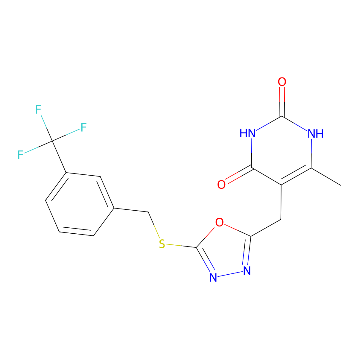 6-methyl-5-((5-((3-(trifluoromethyl)benzyl)thio)-1,3,4-oxadiazol-2-yl)methyl)pyrimidine-2,4(1H,3H)-dione molecular structure, CAS 1203366-91-9