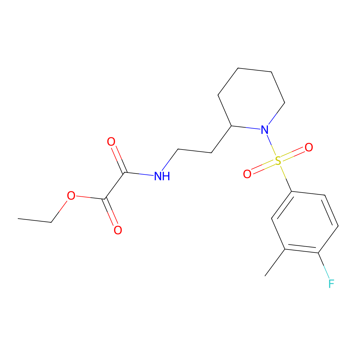 Ethyl 2-((2-(1-((4-fluoro-3-methylphenyl)sulfonyl)piperidin-2-yl)ethyl)amino)-2-oxoacetate molecular structure, CAS 1203366-98-6