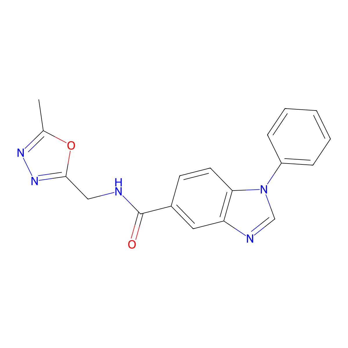 N-((5-methyl-1,3,4-oxadiazol-2-yl)methyl)-1-phenyl-1H-benzo[d]imidazole-5-carboxamide molecular structure, CAS 1203367-63-8