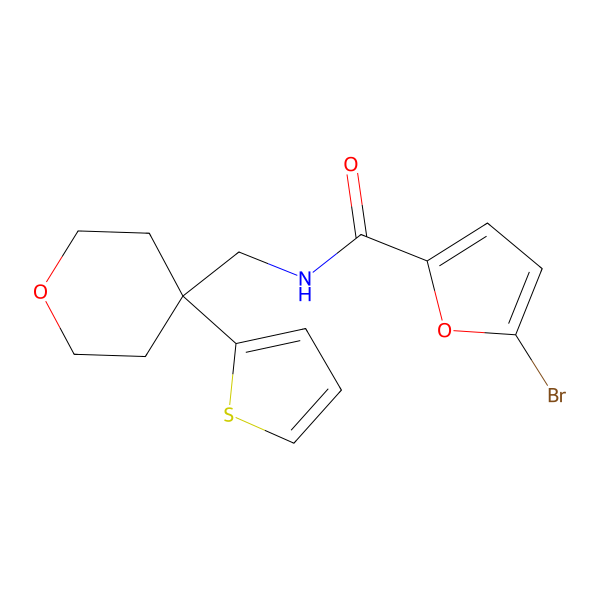 5-bromo-N-((4-(thiophen-2-yl)tetrahydro-2H-pyran-4-yl)methyl)furan-2-carboxamide molecular structure, CAS 1203368-64-2