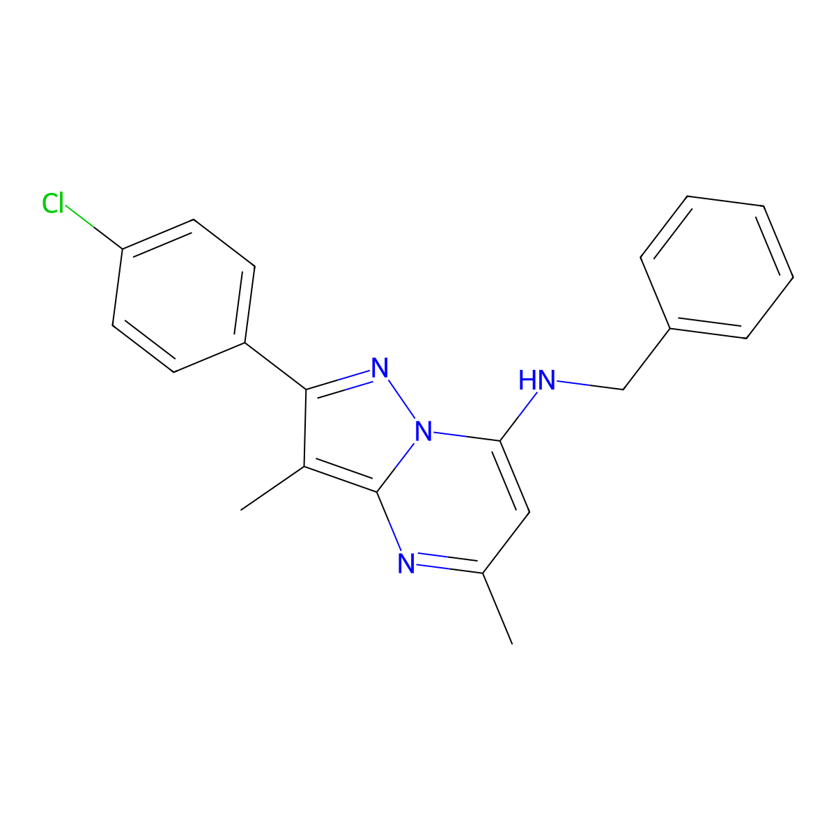 N-benzyl-2-(4-chlorophenyl)-3,5-dimethylpyrazolo[1,5-a]pyrimidin-7-amine molecular structure, CAS 1203369-73-6