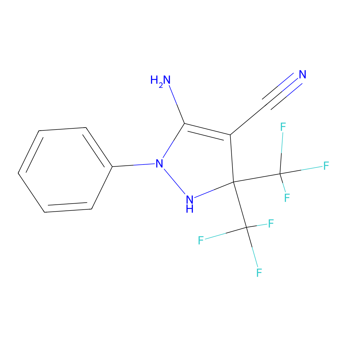 5-amino-1-phenyl-3,3-bis(trifluoromethyl)-2,3-dihydro-1H-pyrazole-4-carbonitrile molecular structure, CAS 120337-03-3
