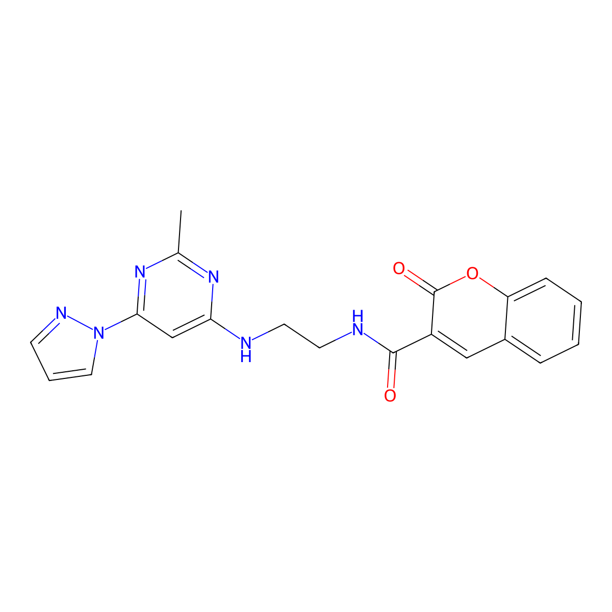 N-(2-((2-methyl-6-(1H-pyrazol-1-yl)pyrimidin-4-yl)amino)ethyl)-2-oxo-2H-chromene-3-carboxamide molecular structure, CAS 1203372-23-9