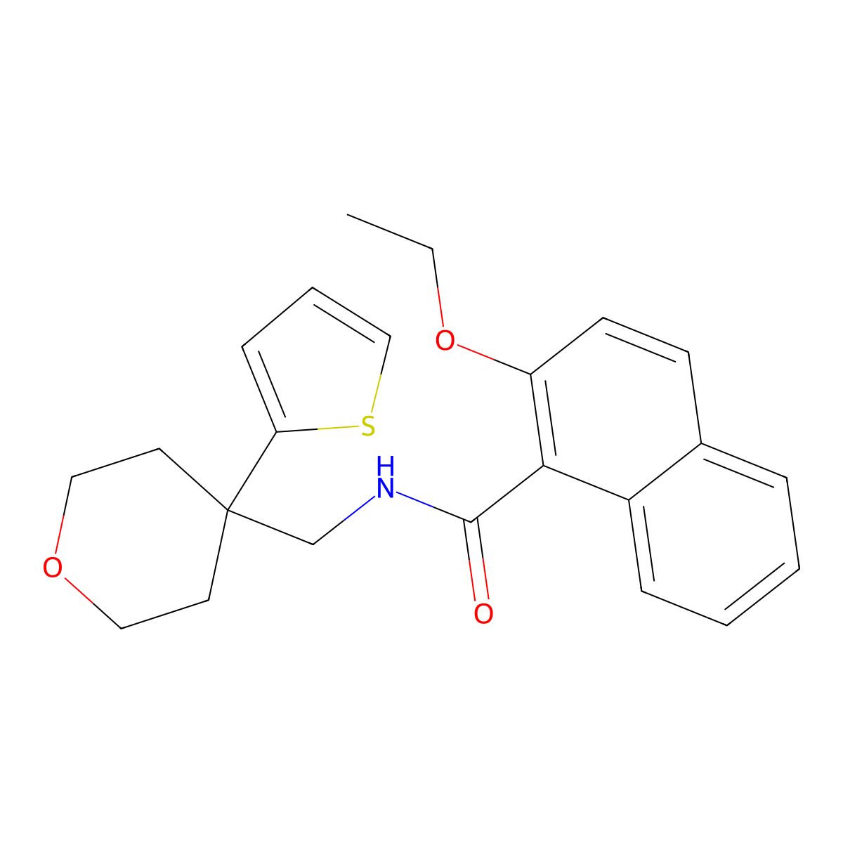 2-ethoxy-N-((4-(thiophen-2-yl)tetrahydro-2H-pyran-4-yl)methyl)-1-naphthamide molecular structure, CAS 1203373-03-8