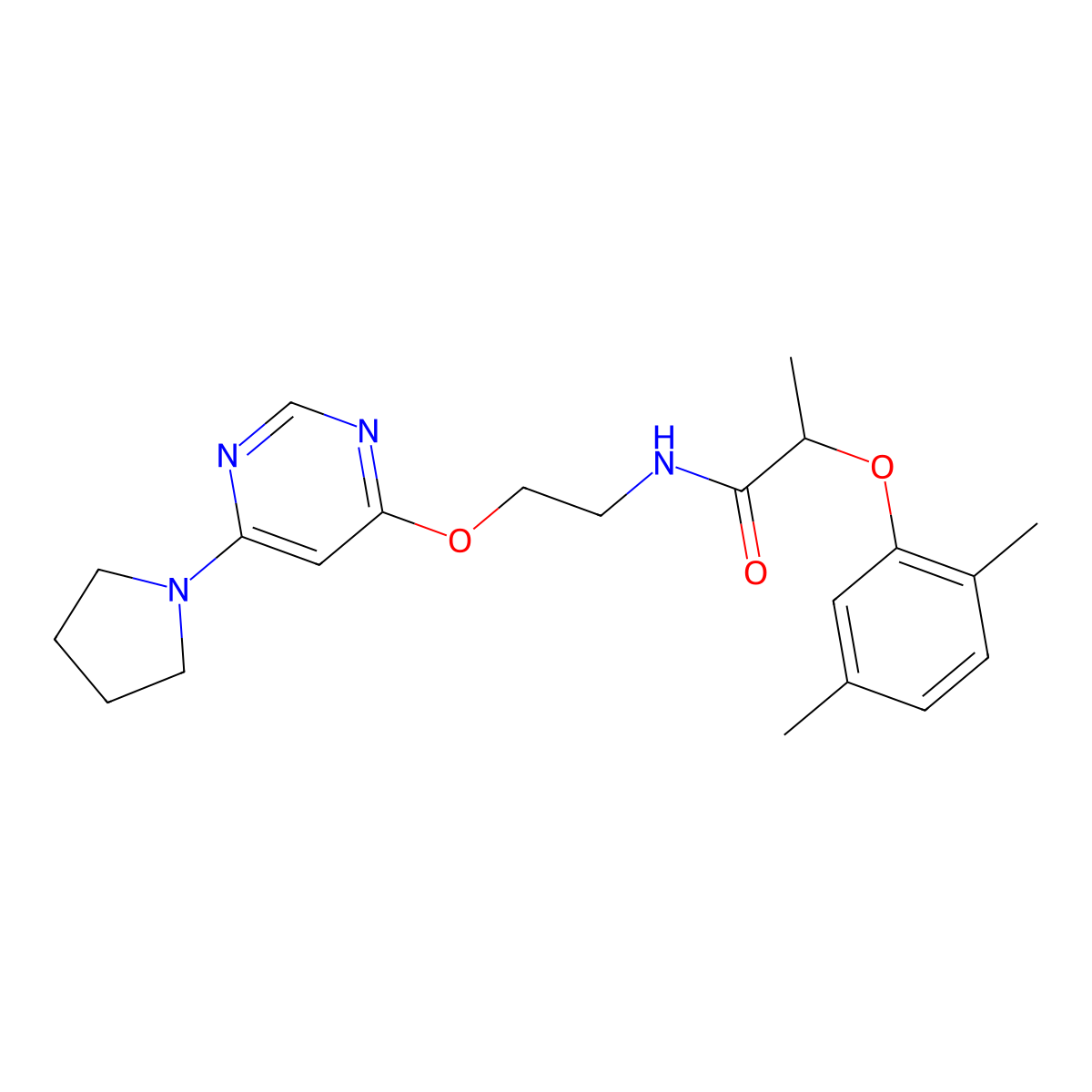 2-(2,5-dimethylphenoxy)-N-(2-{[6-(pyrrolidin-1-yl)pyrimidin-4-yl]oxy}ethyl)propanamide molecular structure, CAS 1203373-69-6