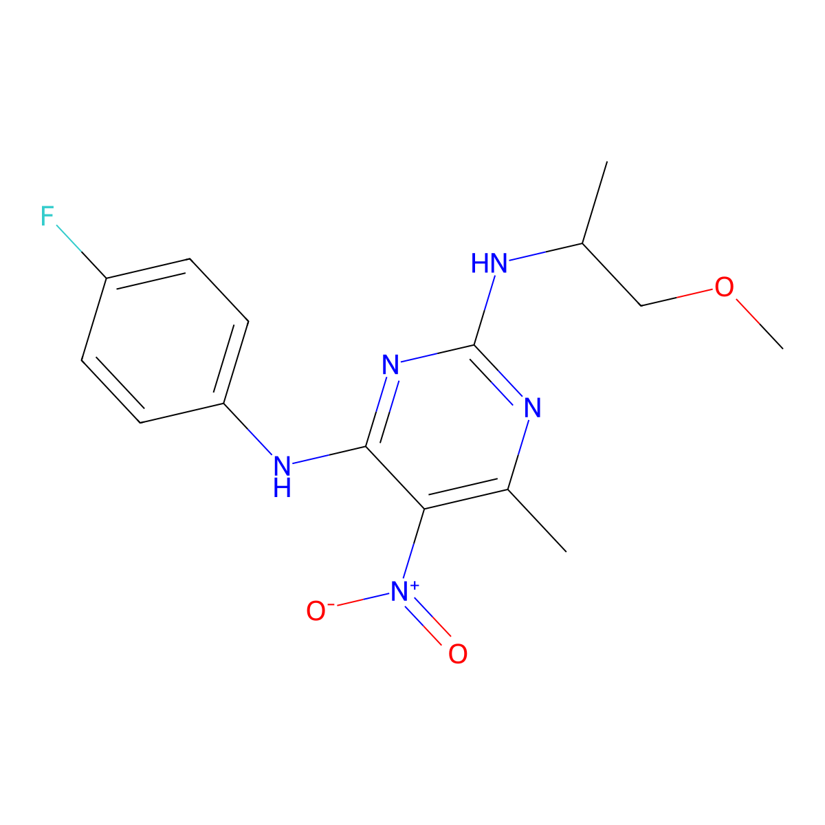 N4-(4-fluorophenyl)-N2-(1-methoxypropan-2-yl)-6-methyl-5-nitropyrimidine-2,4-diamine molecular structure, CAS 1203373-82-3