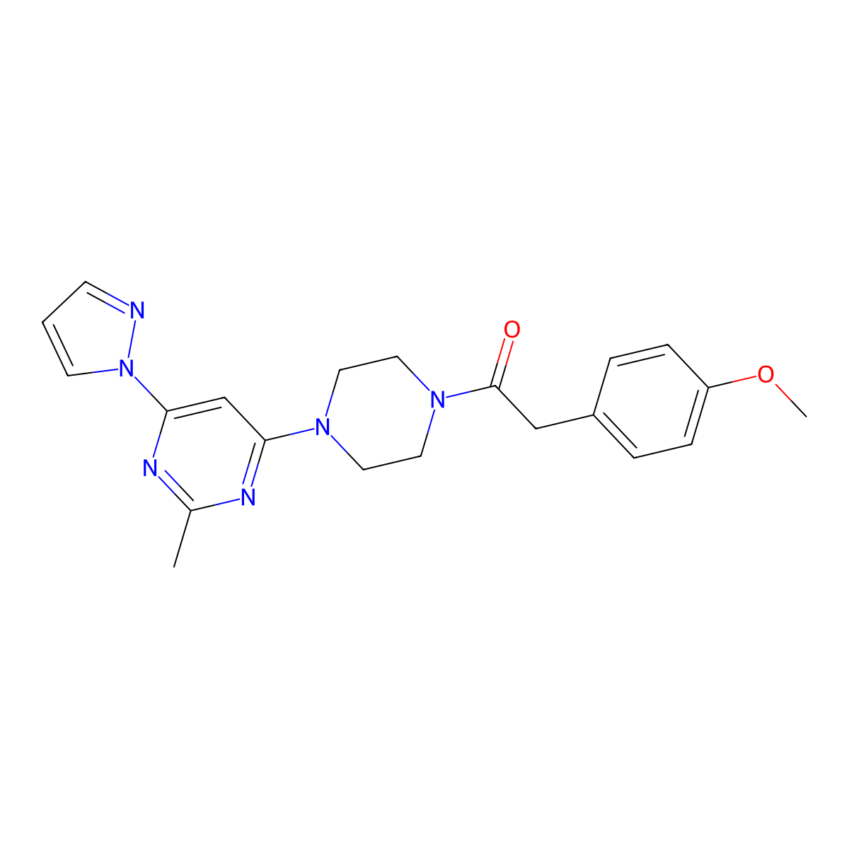 2-(4-methoxyphenyl)-1-(4-(2-methyl-6-(1H-pyrazol-1-yl)pyrimidin-4-yl)piperazin-1-yl)ethanone molecular structure, CAS 1203377-01-8