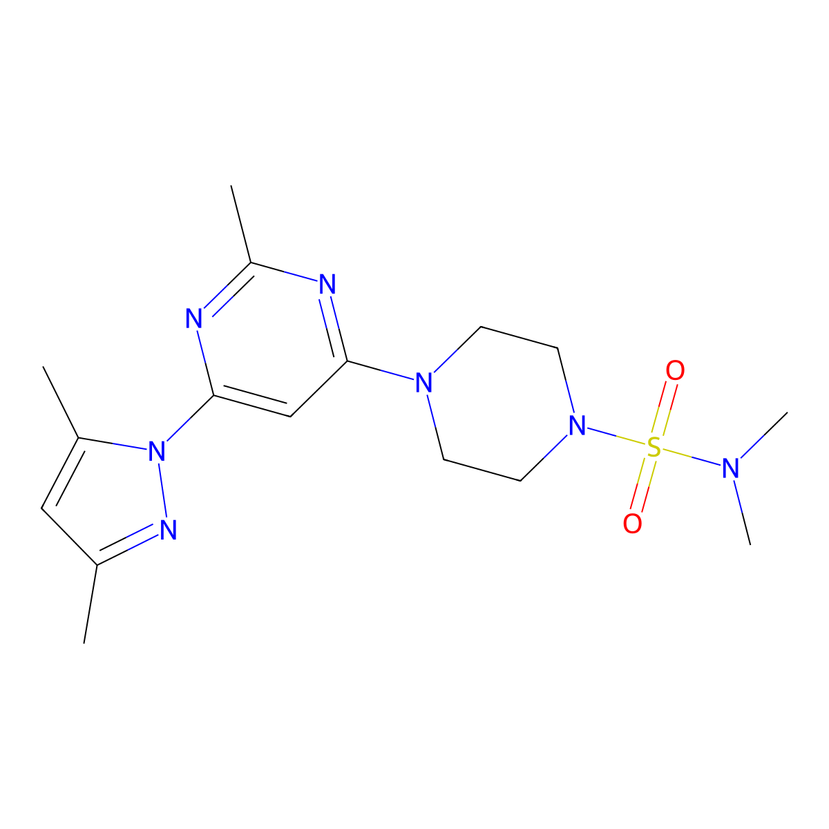 4-[6-(3,5-dimethyl-1H-pyrazol-1-yl)-2-methylpyrimidin-4-yl]-N,N-dimethylpiperazine-1-sulfonamide molecular structure, CAS 1203377-14-3