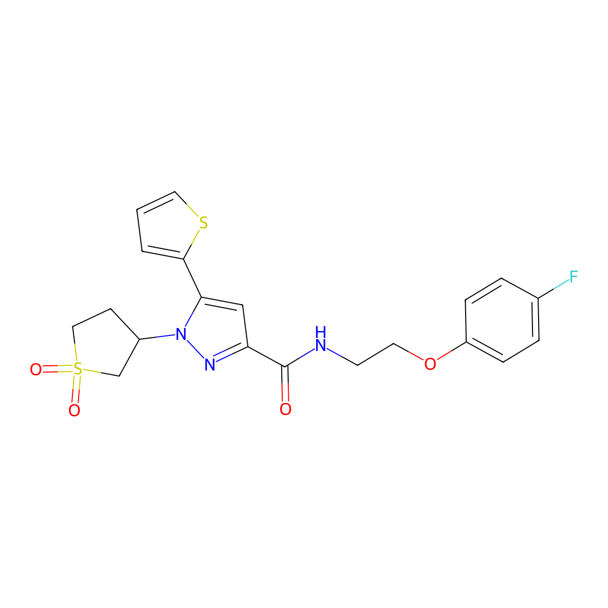 1-(1,1-dioxidotetrahydrothiophen-3-yl)-N-(2-(4-fluorophenoxy)ethyl)-5-(thiophen-2-yl)-1H-pyrazole-3-carboxamide molecular structure, CAS 1203377-84-7
