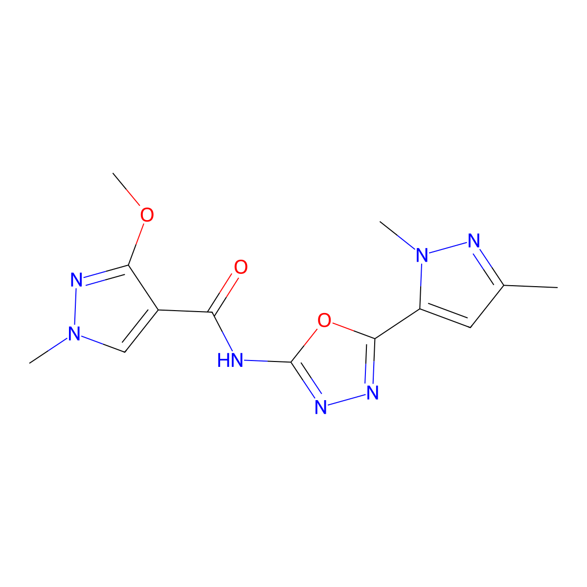 N-(5-(1,3-dimethyl-1H-pyrazol-5-yl)-1,3,4-oxadiazol-2-yl)-3-methoxy-1-methyl-1H-pyrazole-4-carboxamide molecular structure, CAS 1203378-27-1