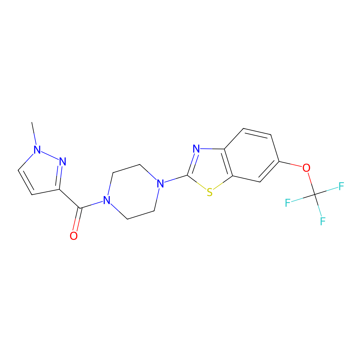 (1-methyl-1H-pyrazol-3-yl)(4-(6-(trifluoromethoxy)benzo[d]thiazol-2-yl)piperazin-1-yl)methanone molecular structure, CAS 1203378-44-2