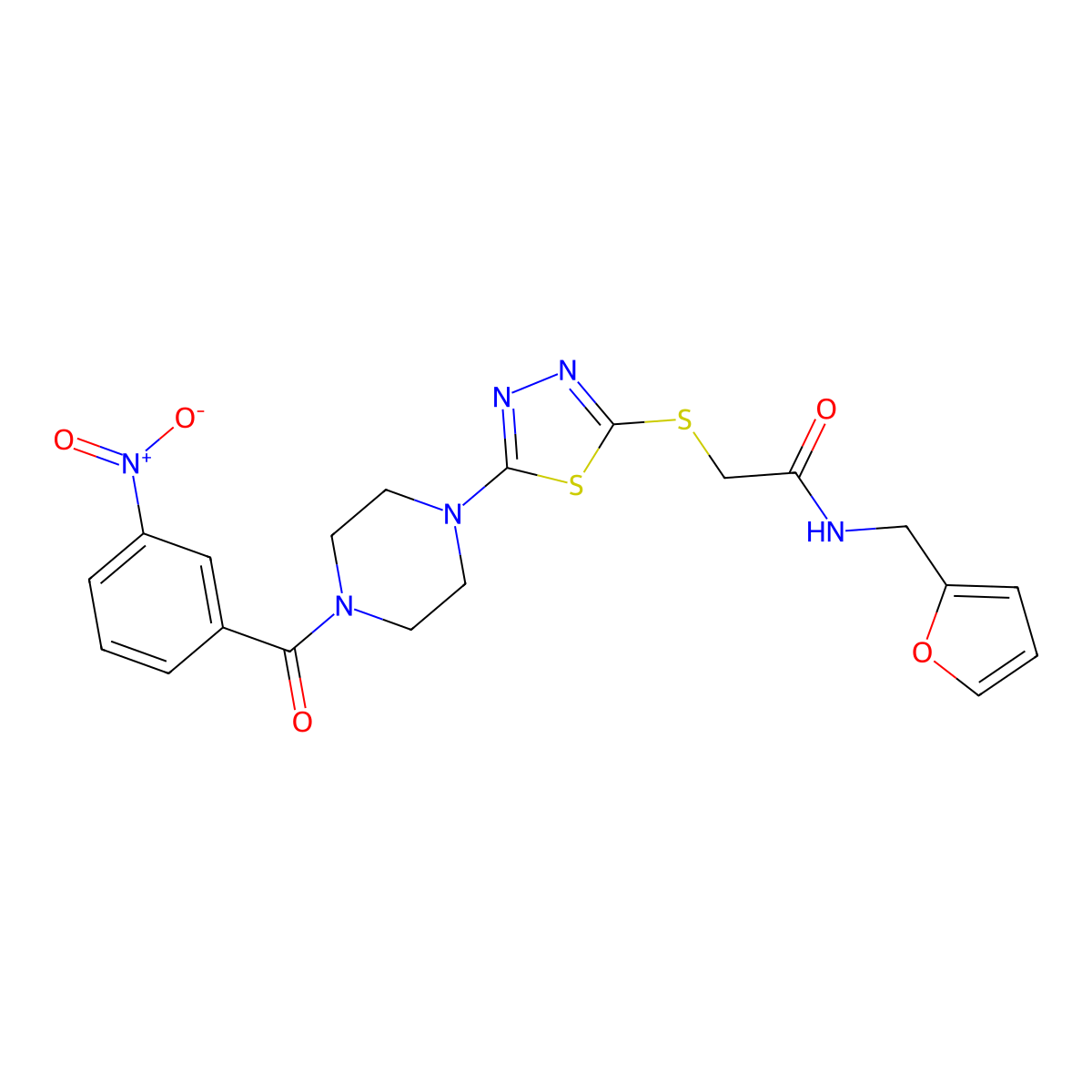 N-(furan-2-ylmethyl)-2-((5-(4-(3-nitrobenzoyl)piperazin-1-yl)-1,3,4-thiadiazol-2-yl)thio)acetamide molecular structure, CAS 1203378-79-3