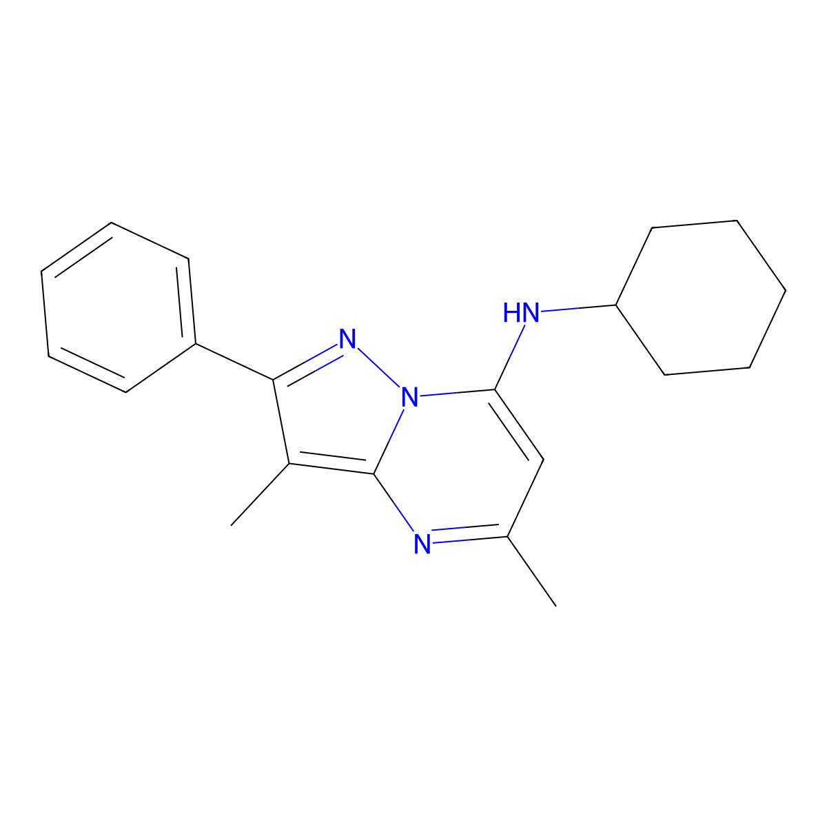 N-cyclohexyl-3,5-dimethyl-2-phenylpyrazolo[1,5-a]pyrimidin-7-amine molecular structure, CAS 1203379-20-7