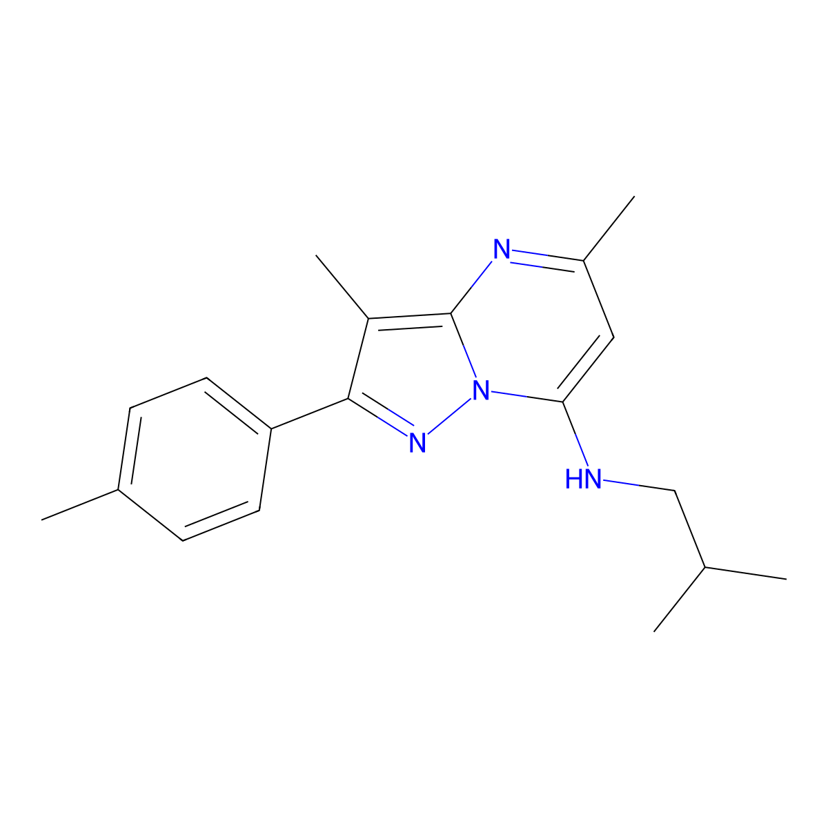 3,5-dimethyl-2-(4-methylphenyl)-N-(2-methylpropyl)pyrazolo[1,5-a]pyrimidin-7-amine molecular structure, CAS 1203380-09-9