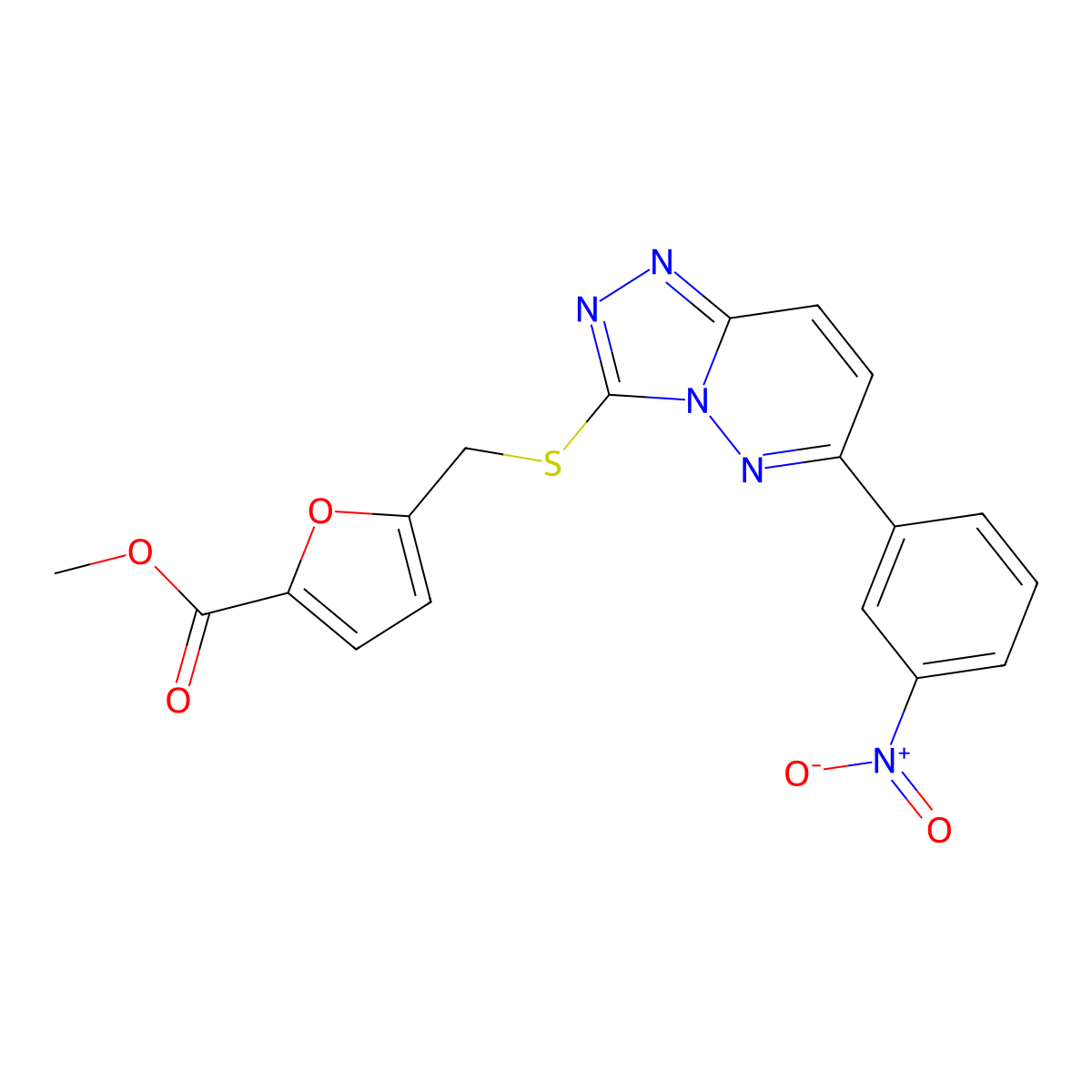 Methyl 5-(((6-(3-nitrophenyl)-[1,2,4]triazolo[4,3-b]pyridazin-3-yl)thio)methyl)furan-2-carboxylate molecular structure, CAS 1203380-31-7