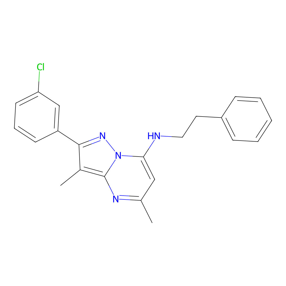 2-(3-chlorophenyl)-3,5-dimethyl-N-(2-phenylethyl)pyrazolo[1,5-a]pyrimidin-7-amine molecular structure, CAS 1203380-90-8