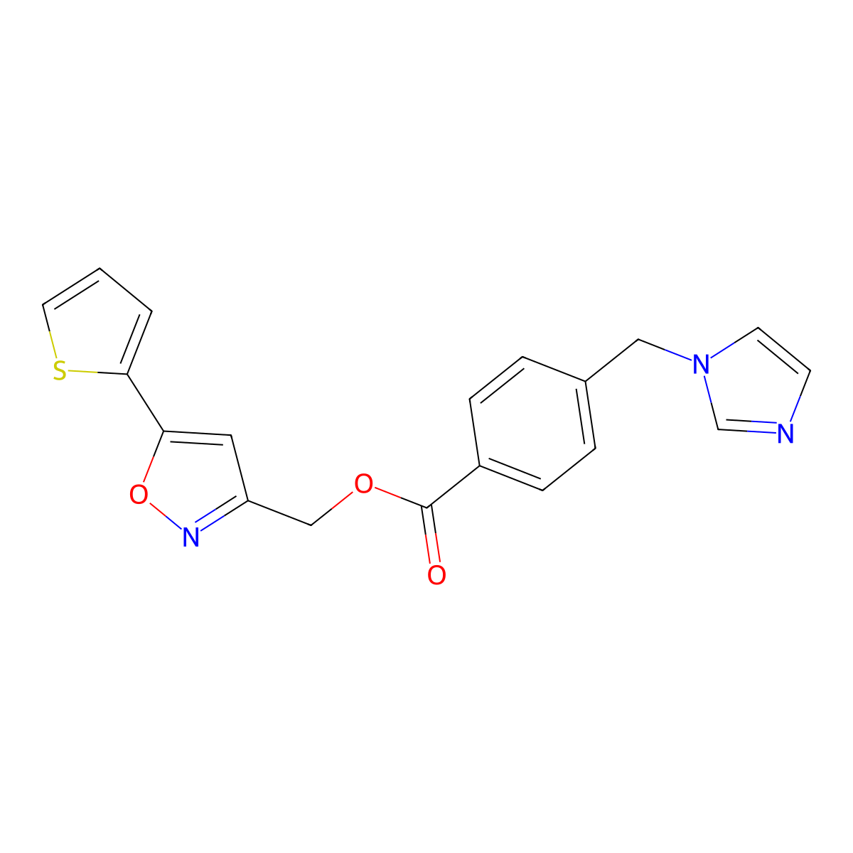 (5-(thiophen-2-yl)isoxazol-3-yl)methyl 4-((1H-imidazol-1-yl)methyl)benzoate molecular structure, CAS 1203381-18-3