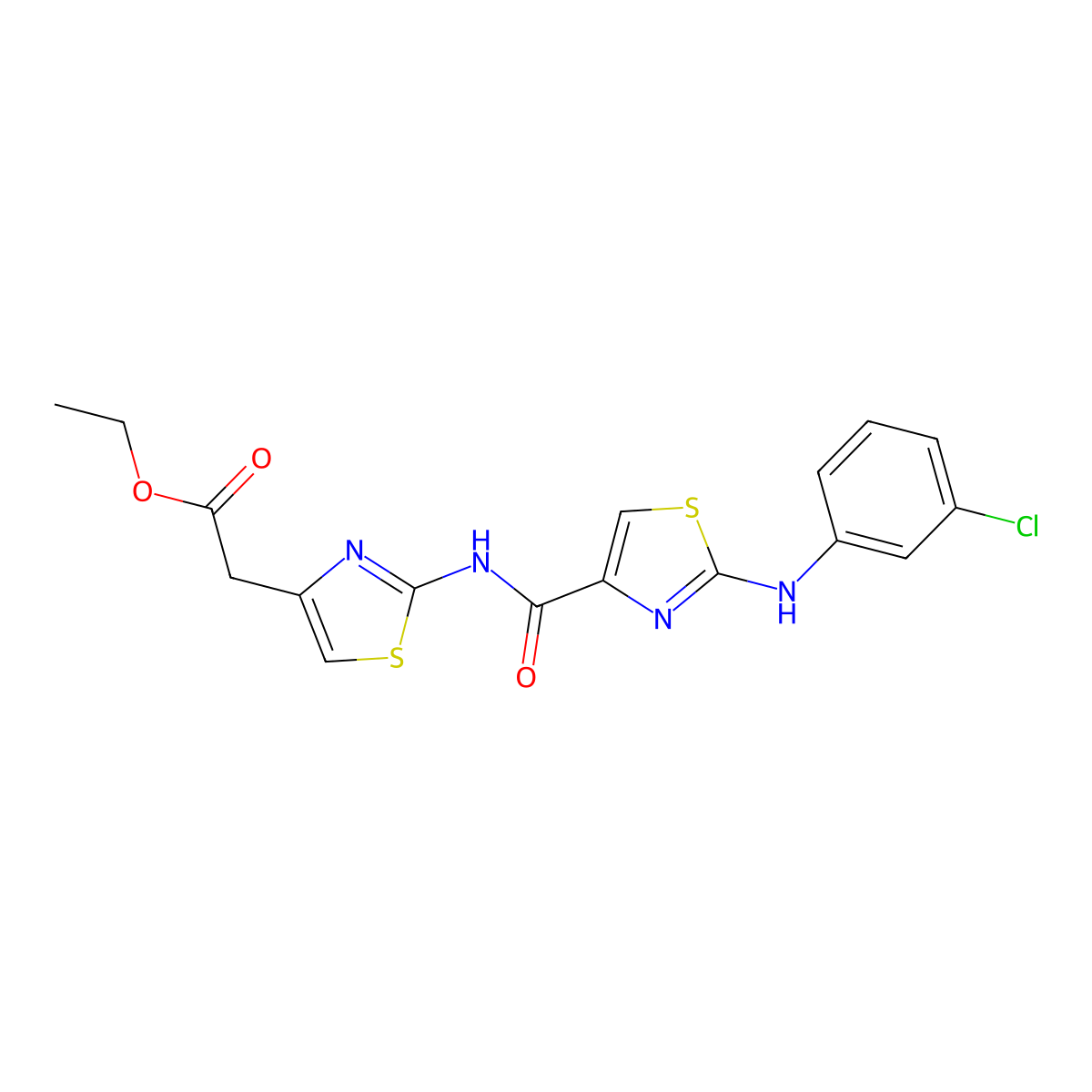 Ethyl 2-(2-(2-((3-chlorophenyl)amino)thiazole-4-carboxamido)thiazol-4-yl)acetate molecular structure, CAS 1203384-50-2
