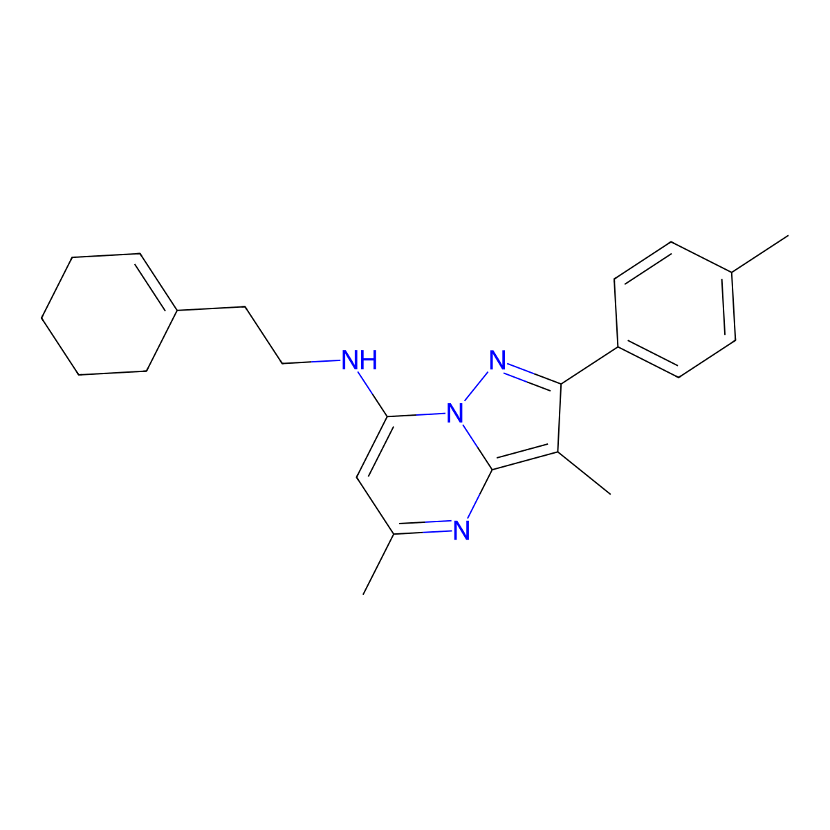 N-[2-(cyclohex-1-en-1-yl)ethyl]-3,5-dimethyl-2-(4-methylphenyl)pyrazolo[1,5-a]pyrimidin-7-amine molecular structure, CAS 1203385-08-3
