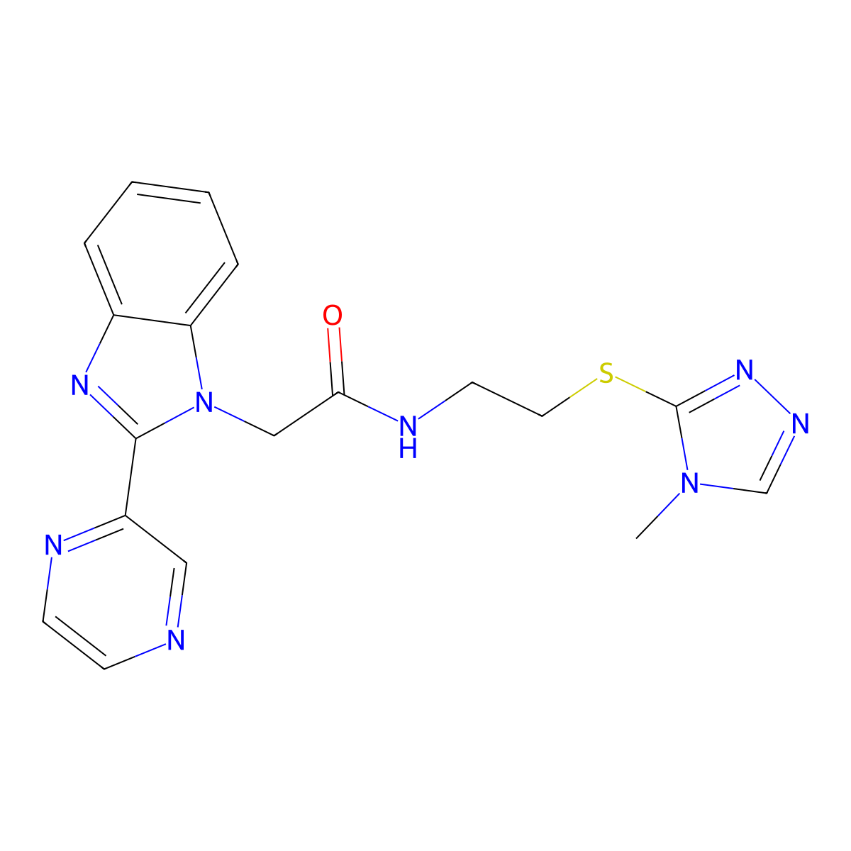 N-(2-((4-methyl-4H-1,2,4-triazol-3-yl)thio)ethyl)-2-(2-(pyrazin-2-yl)-1H-benzo[d]imidazol-1-yl)acetamide molecular structure, CAS 1203386-39-3
