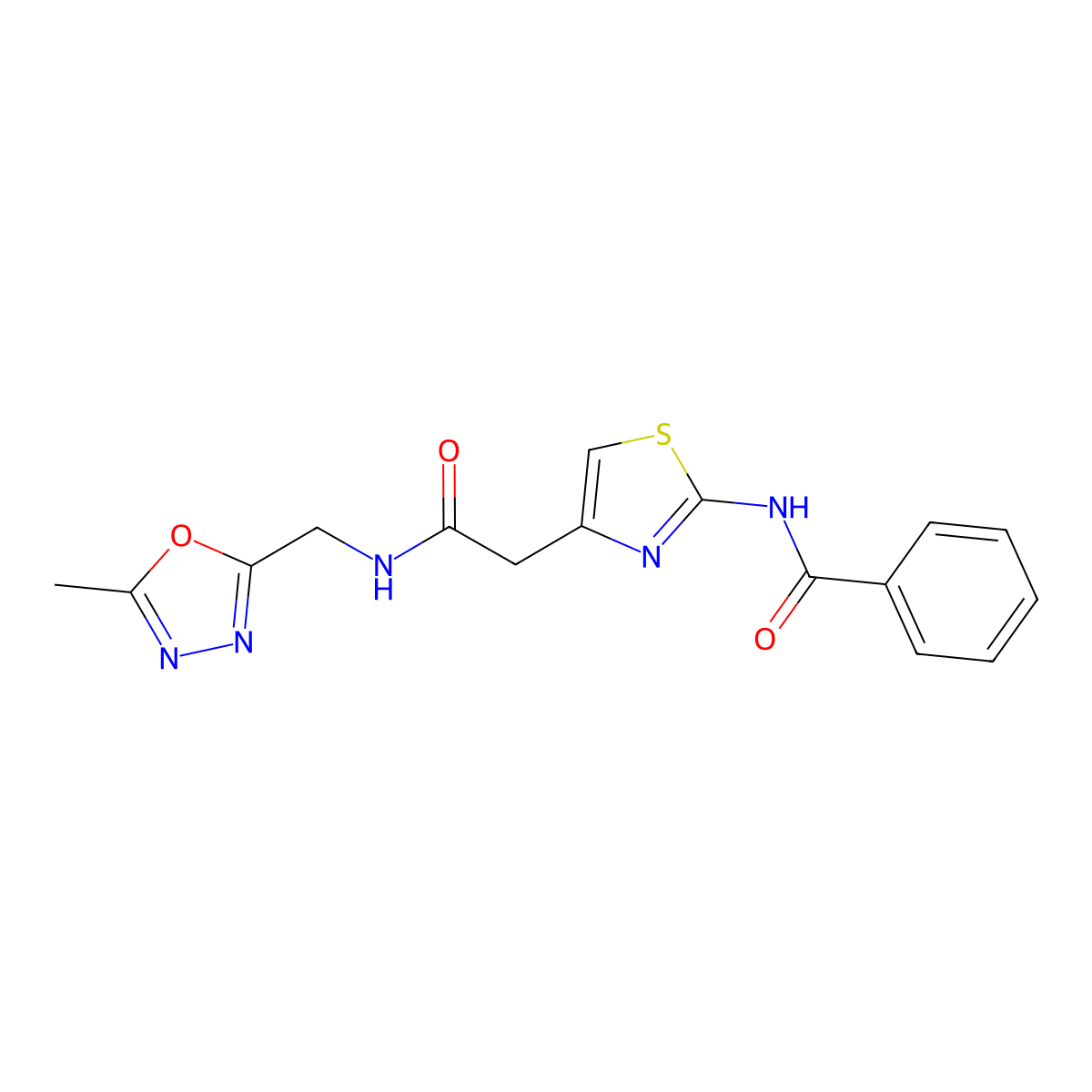 N-(4-(2-(((5-methyl-1,3,4-oxadiazol-2-yl)methyl)amino)-2-oxoethyl)thiazol-2-yl)benzamide molecular structure, CAS 1203386-74-6