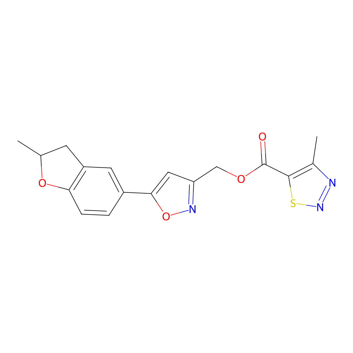 (5-(2-Methyl-2,3-dihydrobenzofuran-5-yl)isoxazol-3-yl)methyl 4-methyl-1,2,3-thiadiazole-5-carboxylate molecular structure, CAS 1203388-23-1