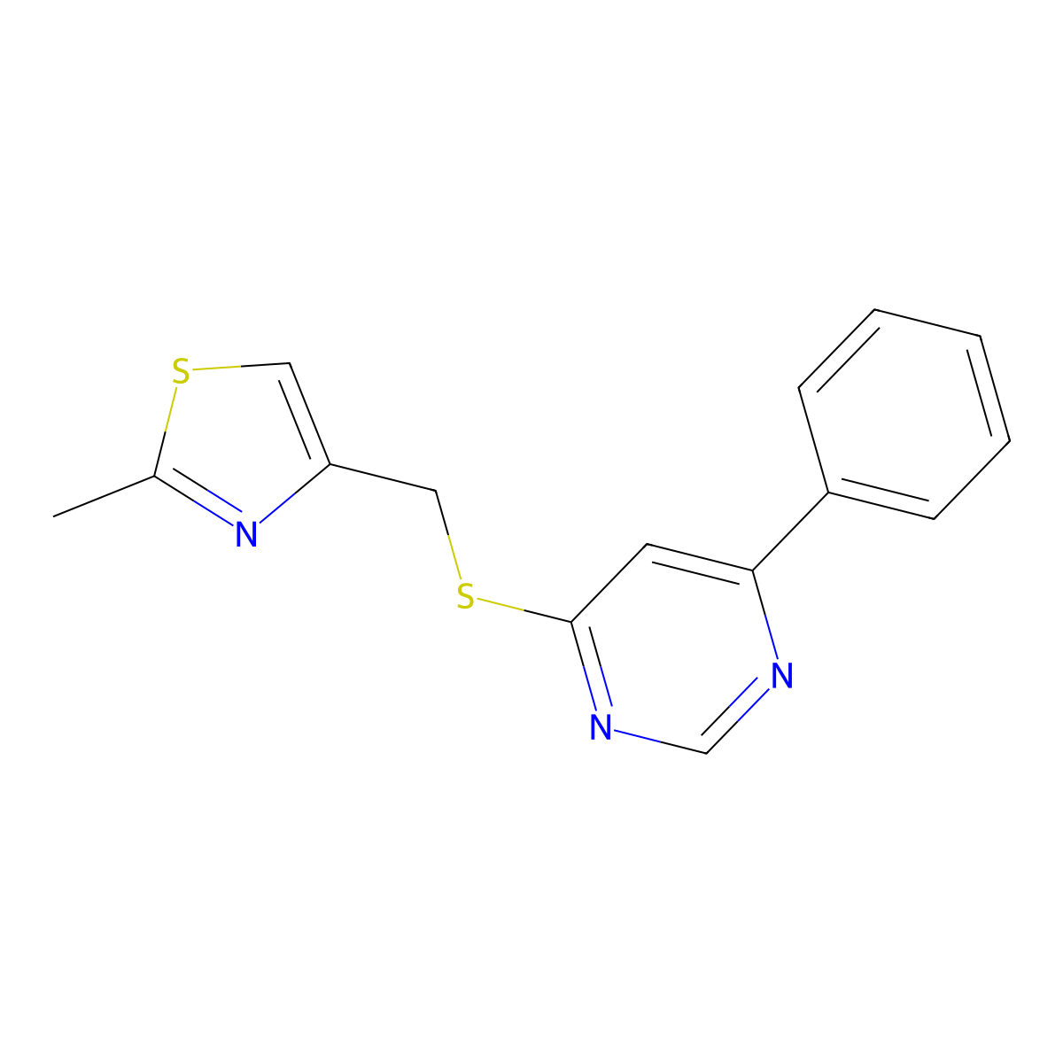 2-Methyl-4-(((6-phenylpyrimidin-4-yl)thio)methyl)thiazole molecular structure, CAS 1203389-57-4