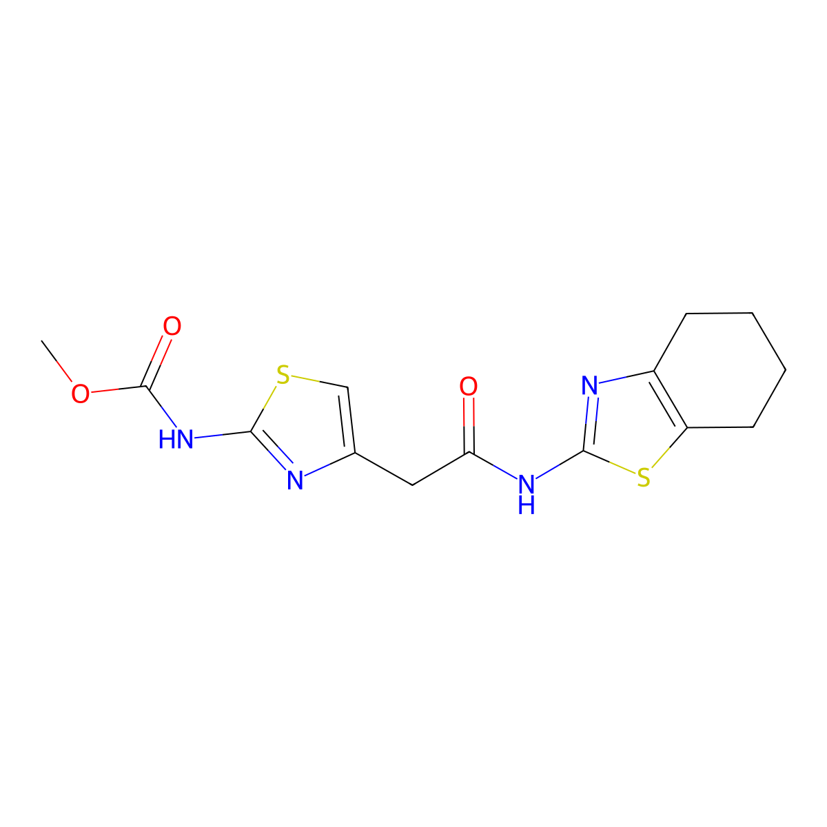 Methyl (4-(2-oxo-2-((4,5,6,7-tetrahydrobenzo[d]thiazol-2-yl)amino)ethyl)thiazol-2-yl)carbamate molecular structure, CAS 1203391-40-5