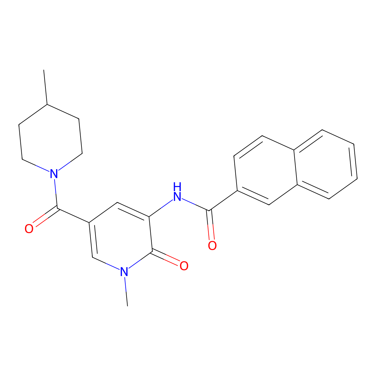 N-(1-methyl-5-(4-methylpiperidine-1-carbonyl)-2-oxo-1,2-dihydropyridin-3-yl)-2-naphthamide molecular structure, CAS 1203392-31-7