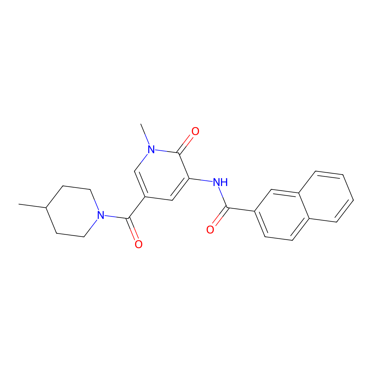 N-(1-methyl-5-(4-methylpiperidine-1-carbonyl)-2-oxo-1,2-dihydropyridin-3-yl)-2-naphthamide molecular structure, CAS 1203392-31-7