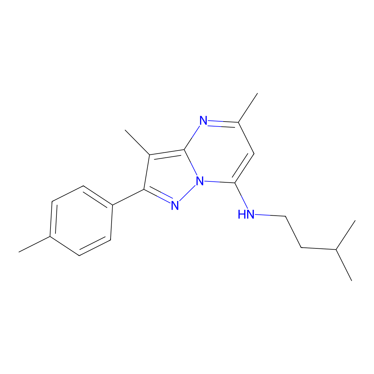 3,5-dimethyl-N-(3-methylbutyl)-2-(4-methylphenyl)pyrazolo[1,5-a]pyrimidin-7-amine molecular structure, CAS 1203392-48-6