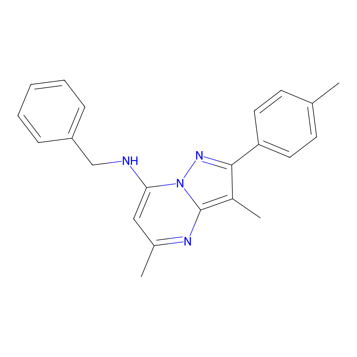 N-benzyl-3,5-dimethyl-2-(4-methylphenyl)pyrazolo[1,5-a]pyrimidin-7-amine molecular structure, CAS 1203396-12-6