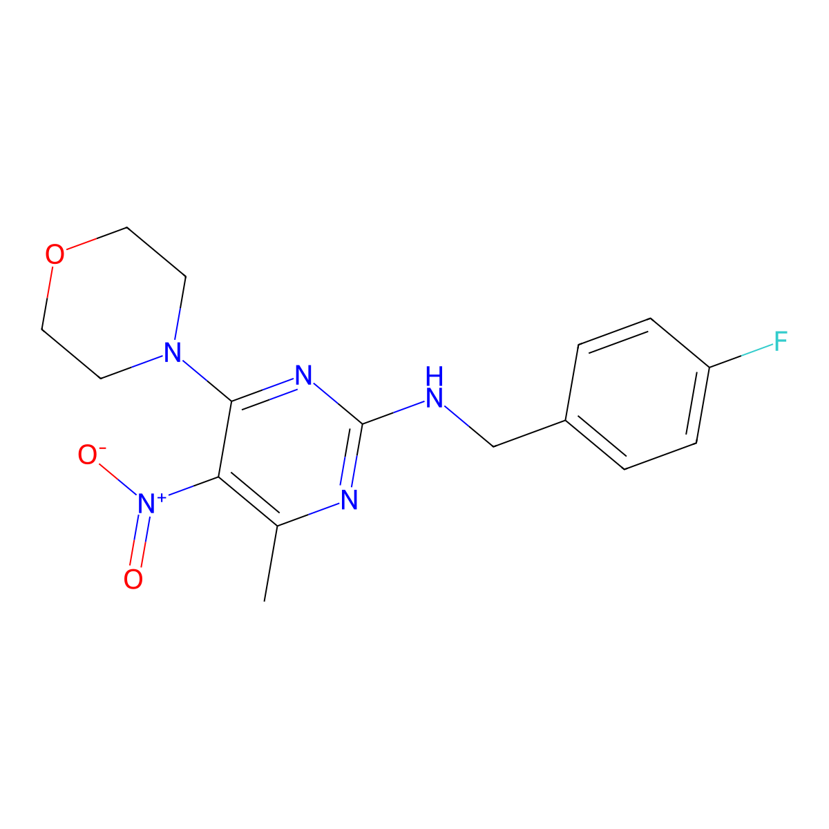 N-(4-fluorobenzyl)-4-methyl-6-morpholino-5-nitropyrimidin-2-amine molecular structure, CAS 1203396-28-4